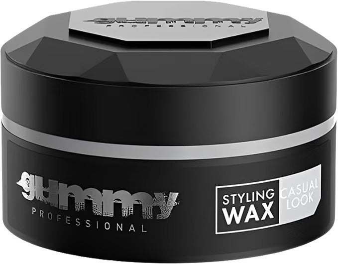 A black jar of Gummy Professional Styling Wax in the 'Casual Look' variant, featuring a faceted black lid and a silver and white label.