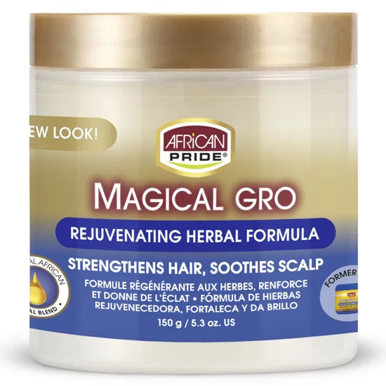 A jar of African Pride Magical Gro Rejuvenating Herbal Formula, featuring a white container with a metallic gold lid and a blue and gold label.