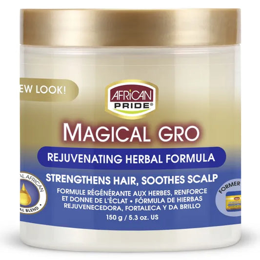 A jar of African Pride Magical Gro Rejuvenating Herbal Formula, featuring a white container with a metallic gold lid and a blue and gold label.