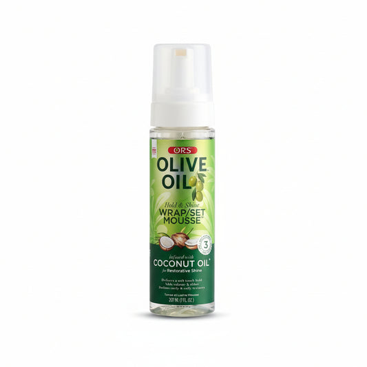 Olive Oil mousse bottle with green label on a white background