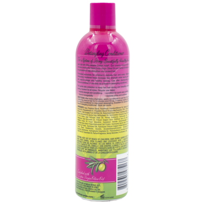 A bottle of Detangling Conditioner shown from the back, featuring a vibrant pink cap and a label that transitions from pink to yellow, with olive oil illustrations near the bottom.