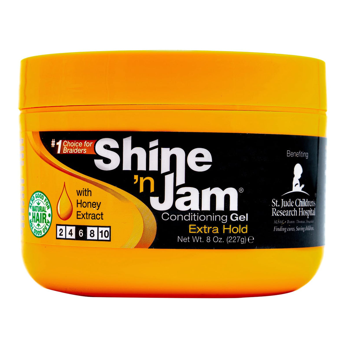 Shine 'n Jam conditioning gel jar with orange lid and black label on a white background