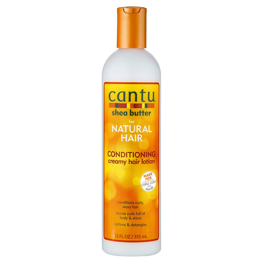 Cantu shea butter conditioning creamy hair lotion bottle on a white background