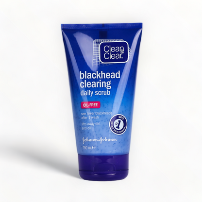 Blue tube of Clear & Clear blackhead clearing daily scrub on a white background