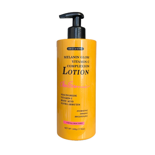 A yellow pump bottle of Melanin Glow Vitamin C Complexion Lotion with a black pump dispenser, set against a plain white background.