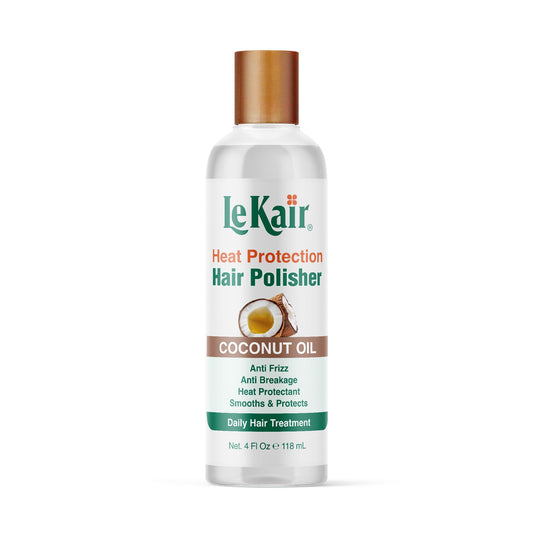 LeKair Heat Protection Hair Polisher bottle with coconut oil illustration on a white background