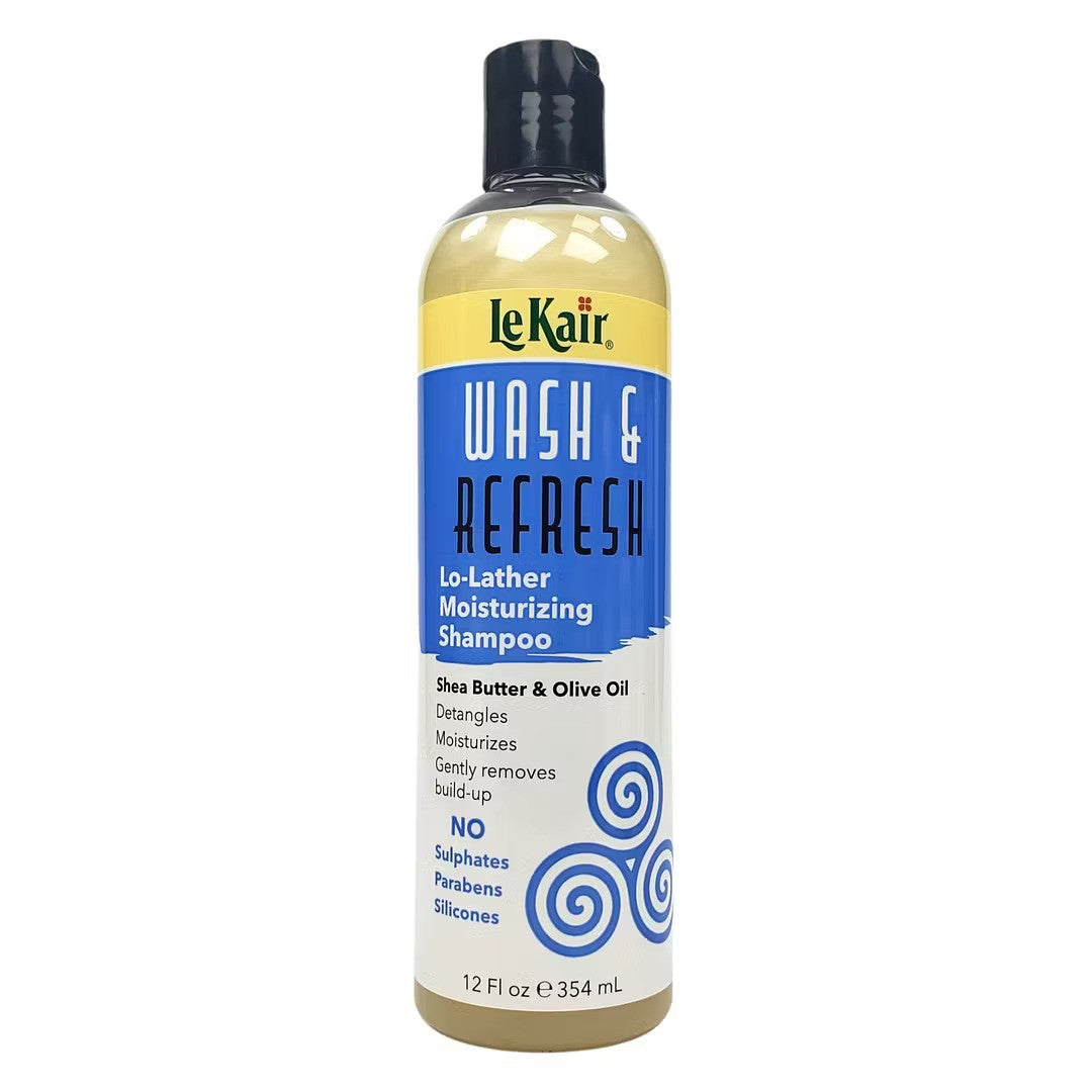A 12 fl oz bottle of LeKair Wash & Refresh Lo-Lather Moisturizing Shampoo, featuring a black cap, yellow and blue label accents, and a white lower section with blue swirl graphics, set against a plain white background.