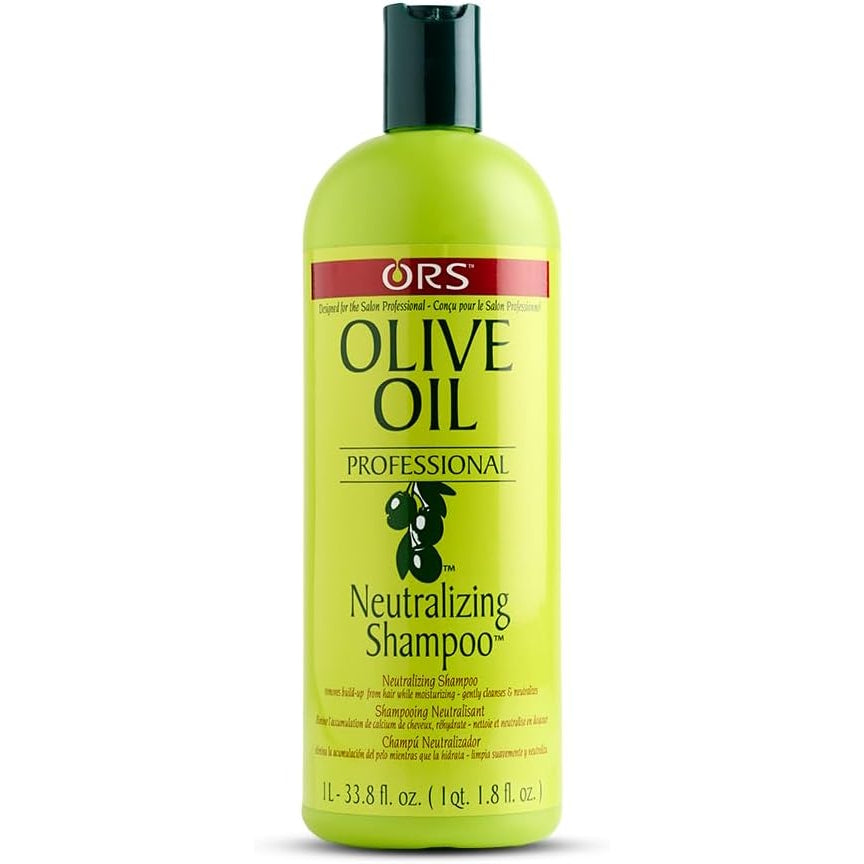 Green bottle of ORS Olive Oil Neutralizing Shampoo on a white background